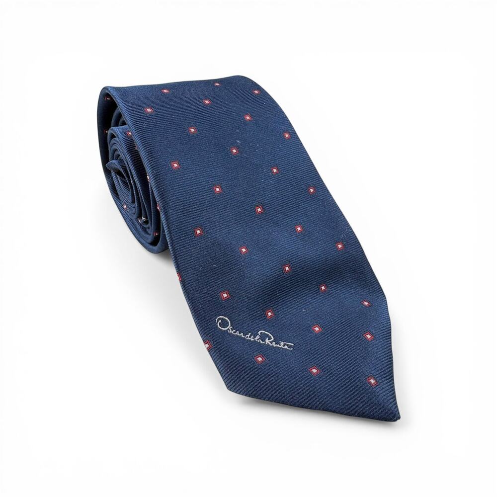 VTG Oscar de la Renta Tie Navy Red Geometric Neat 54x3 Classic Preppy